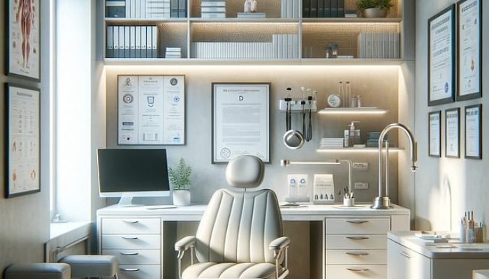 Ein Empfangszimmer einer Arztpraxis mit Arbeitstisch, Stuhl und einem Regal voller Bücher, nach einem Umzug mit A2B Umzüge.